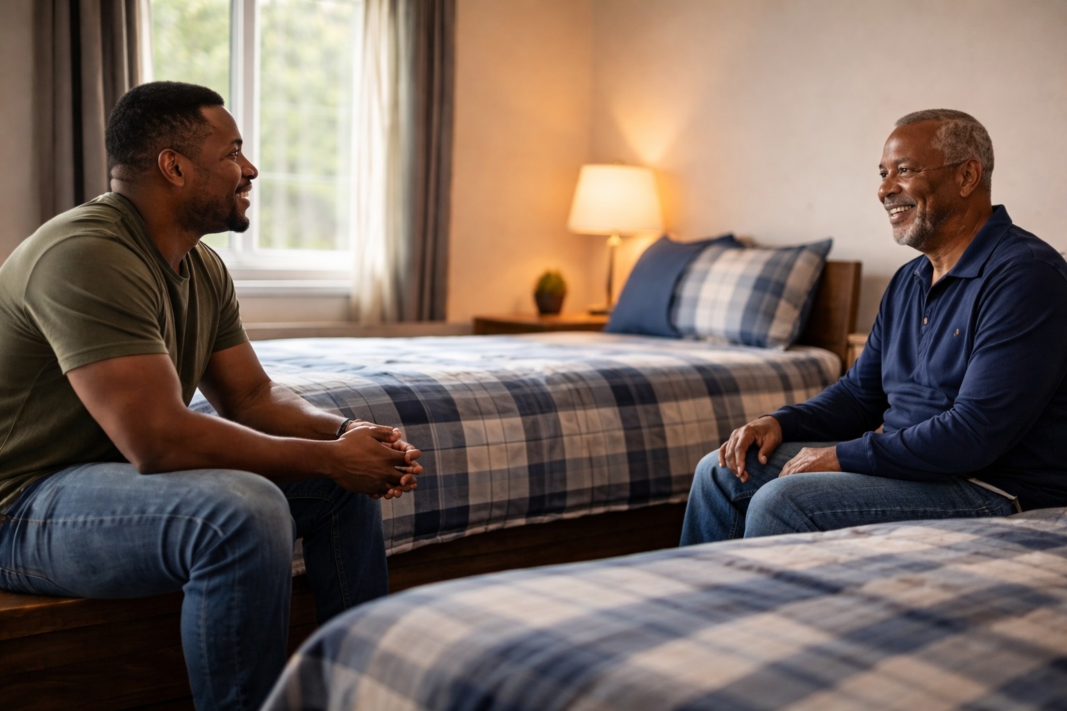 Residents talking in a comfortable shared bedroom