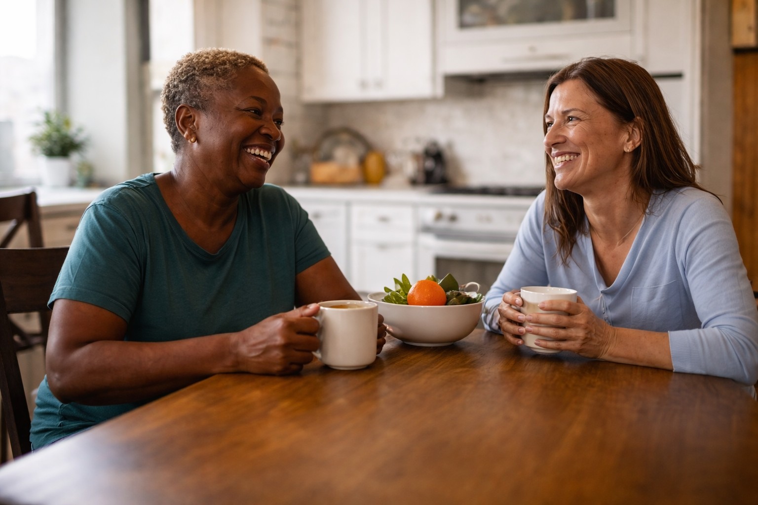 Residents enjoying a warm conversation at a kitchen table